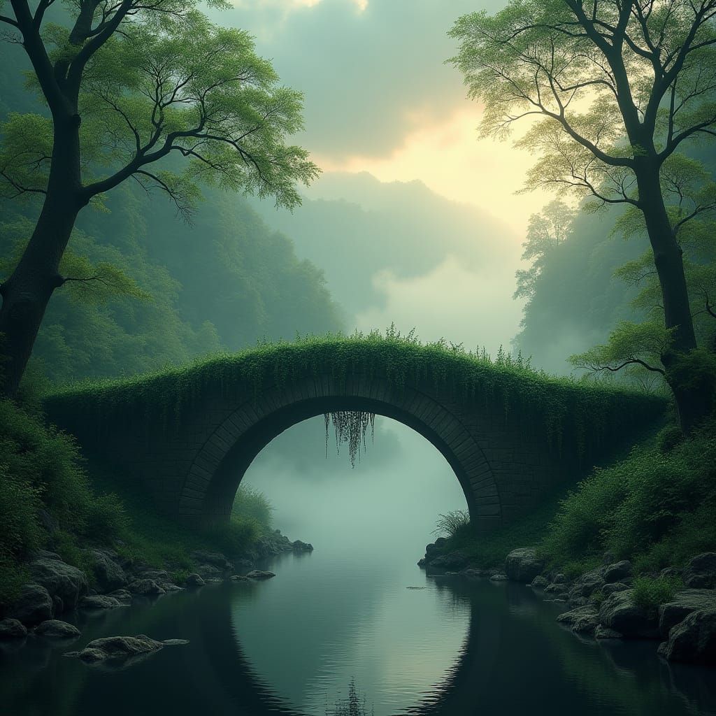 Mystical Stone Bridge Veiled in Emerald Moss