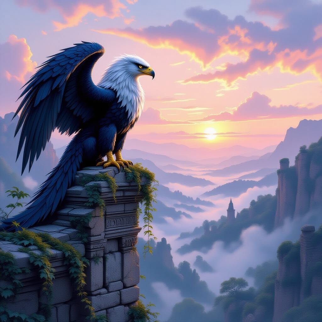Majestic Griffin Over Misty Valley at Dawn in Fantasy Art St...