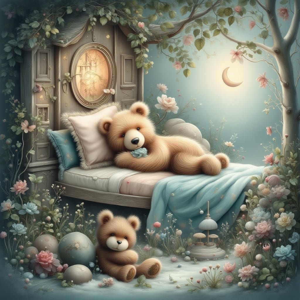 Dreamy Bear Snuggles in Treehouse Bed with Toy
