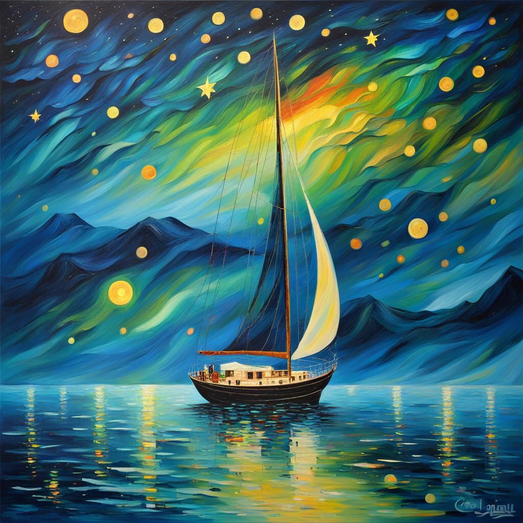 Sailboat at Night Under Aurora Borealis, Klimt Style