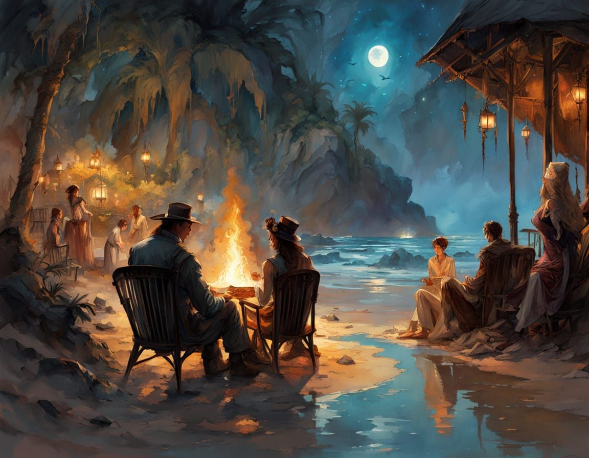 Moonlit Beach Acoustic Guitar Watercolor Art