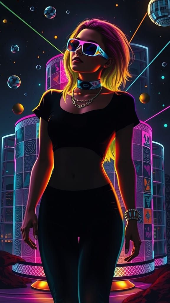 Surreal Funky Girl in a Vibrant Retro-Futuristic World