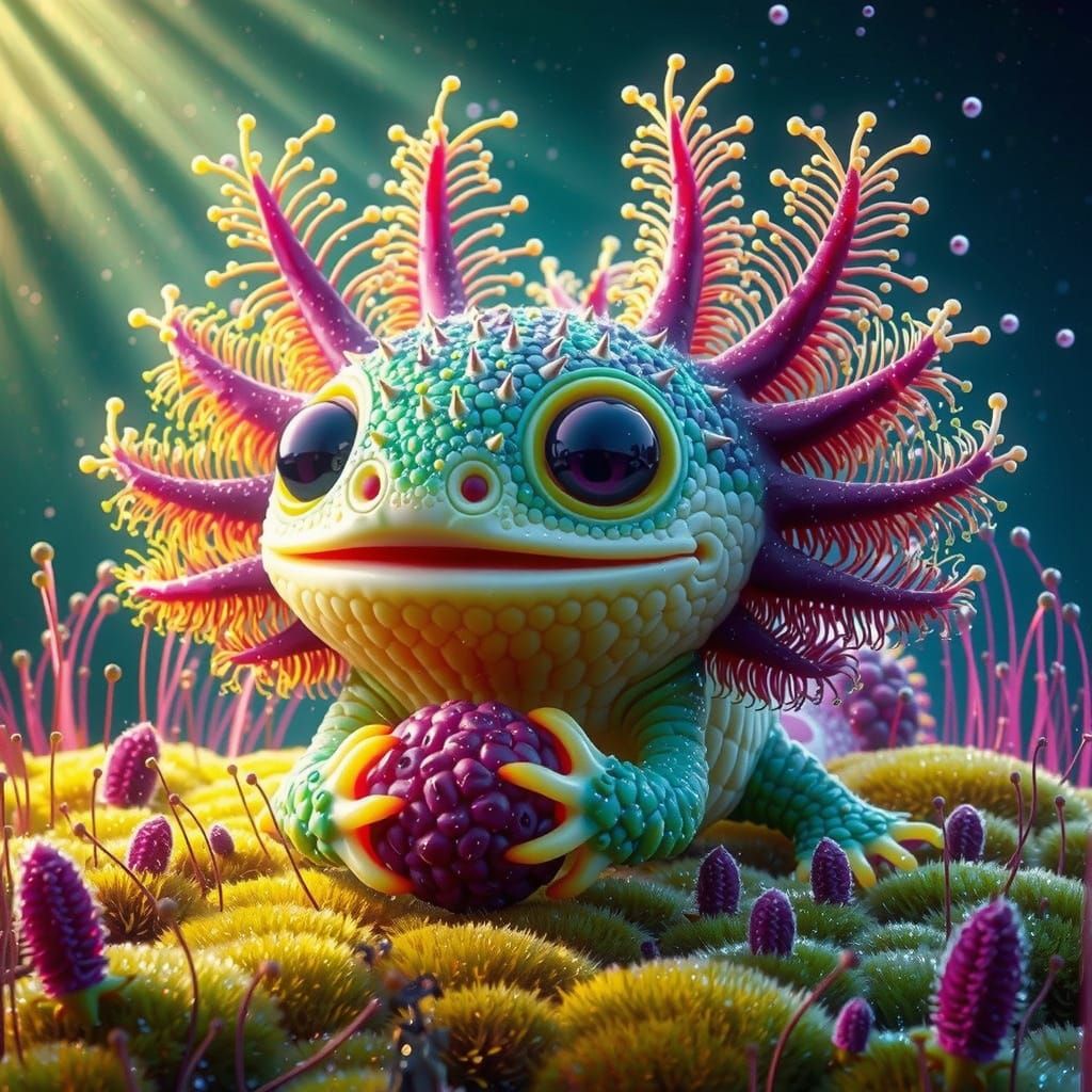 Adorable Axolotl-Tortoise Creature in Magical Forest