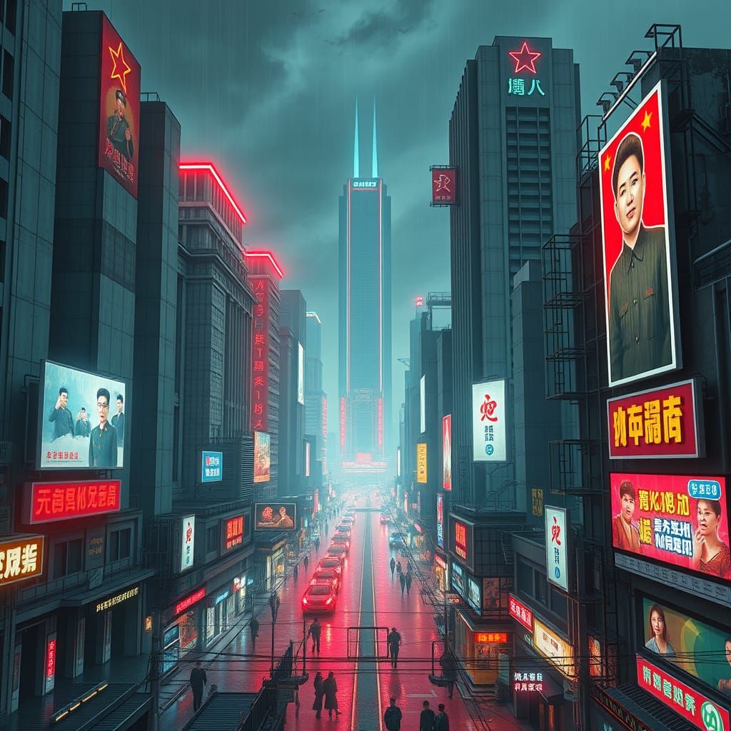 Cyberpunk Liminal Metropolis in Socialist Realism Style
