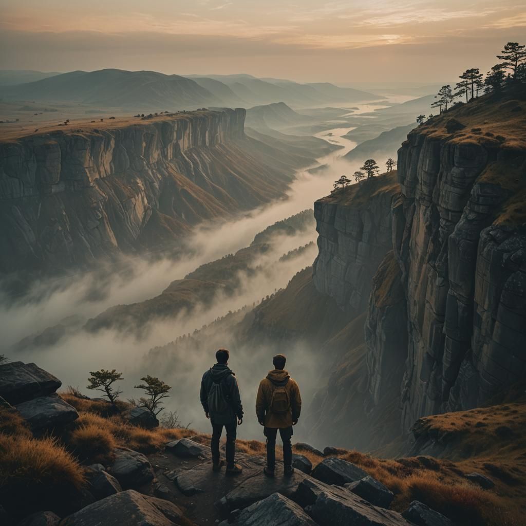 Figure Overlooking Misty Landscape in Cinematic Style