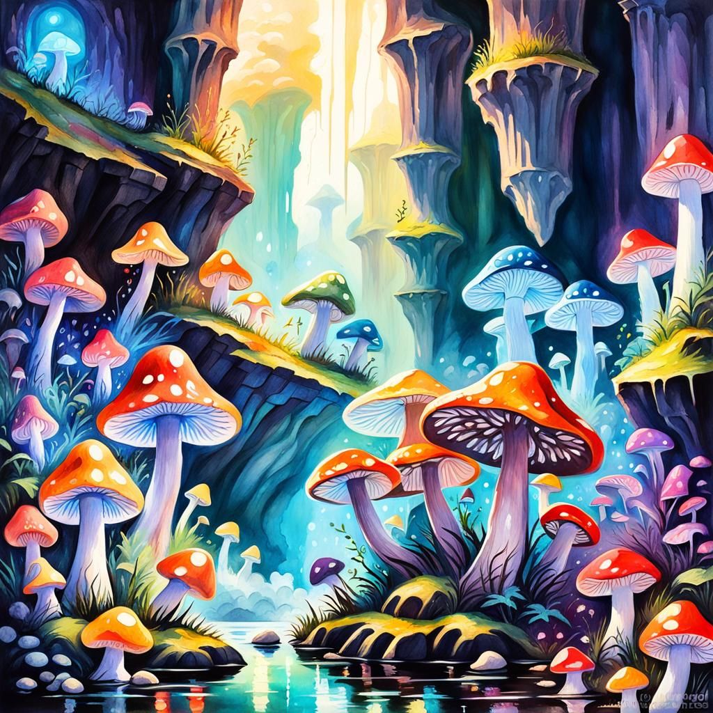 Enchanted Glowing Mushrooms in Dark Fantasy Cave