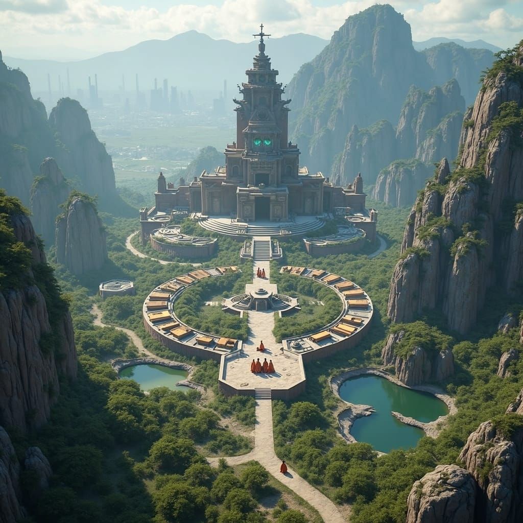 Ancient Temple-Academy Meets Futuristic Metropolis in Serene...