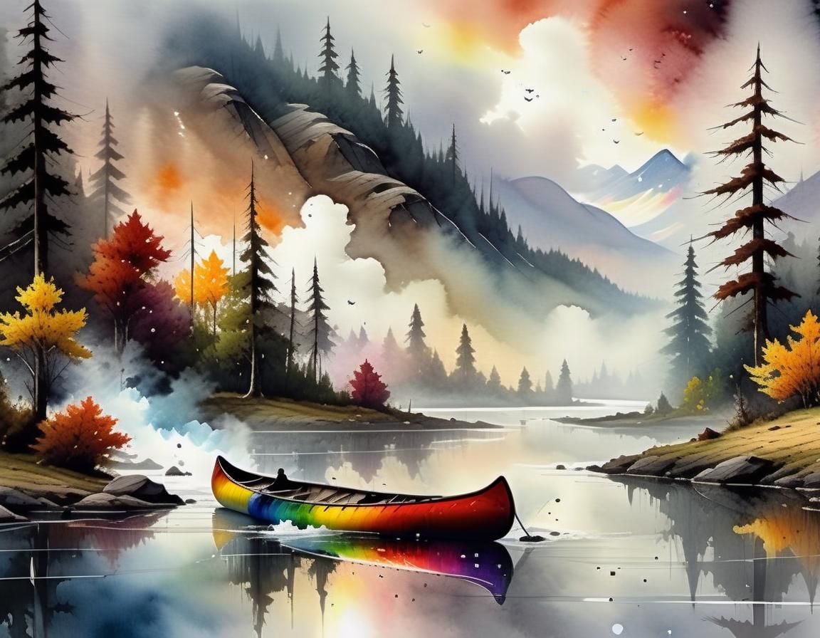 Sunrise Canoe Ride on River with Rainbow
