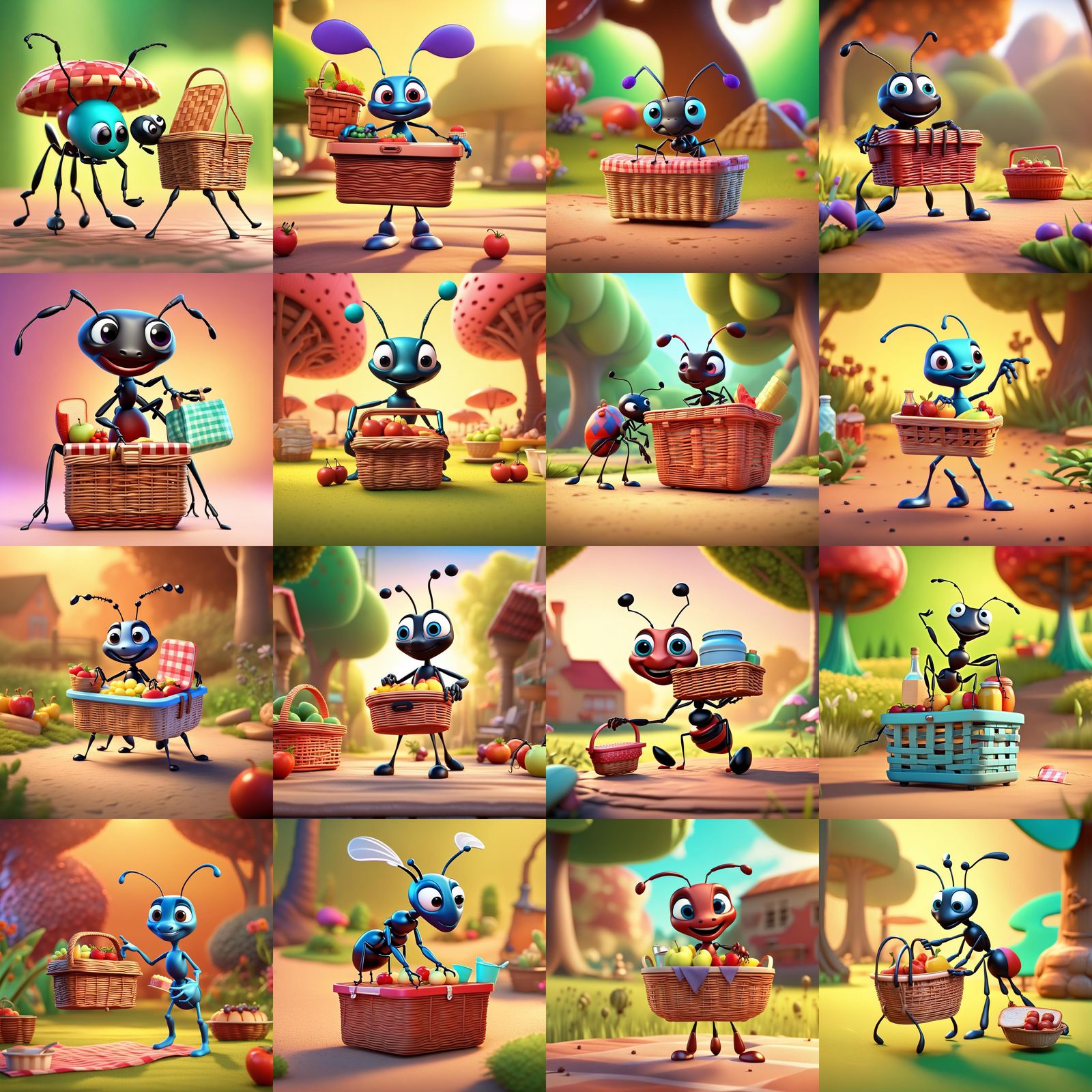 Cartoon Ant Farm Picnic in Pixar Style