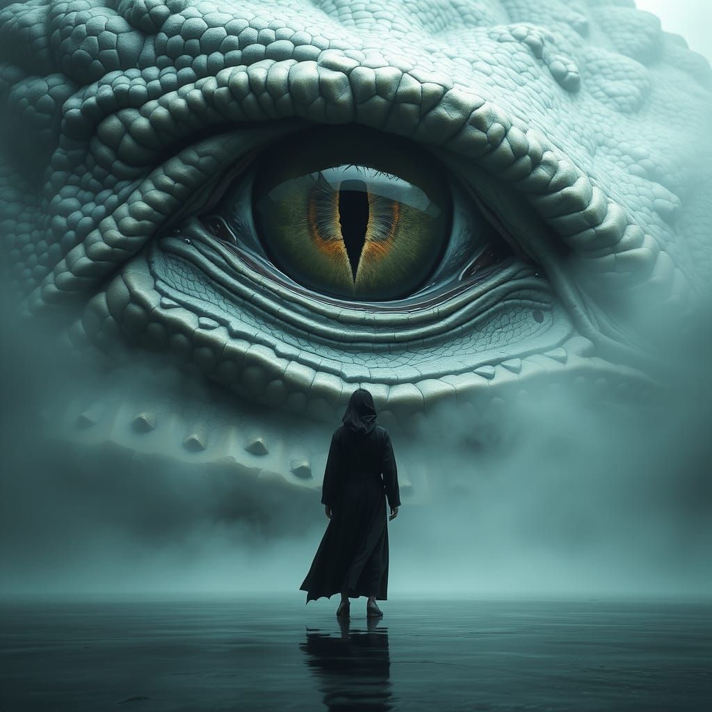 Colossal Reptilian Eye in Dreamlike Fantasy Scene