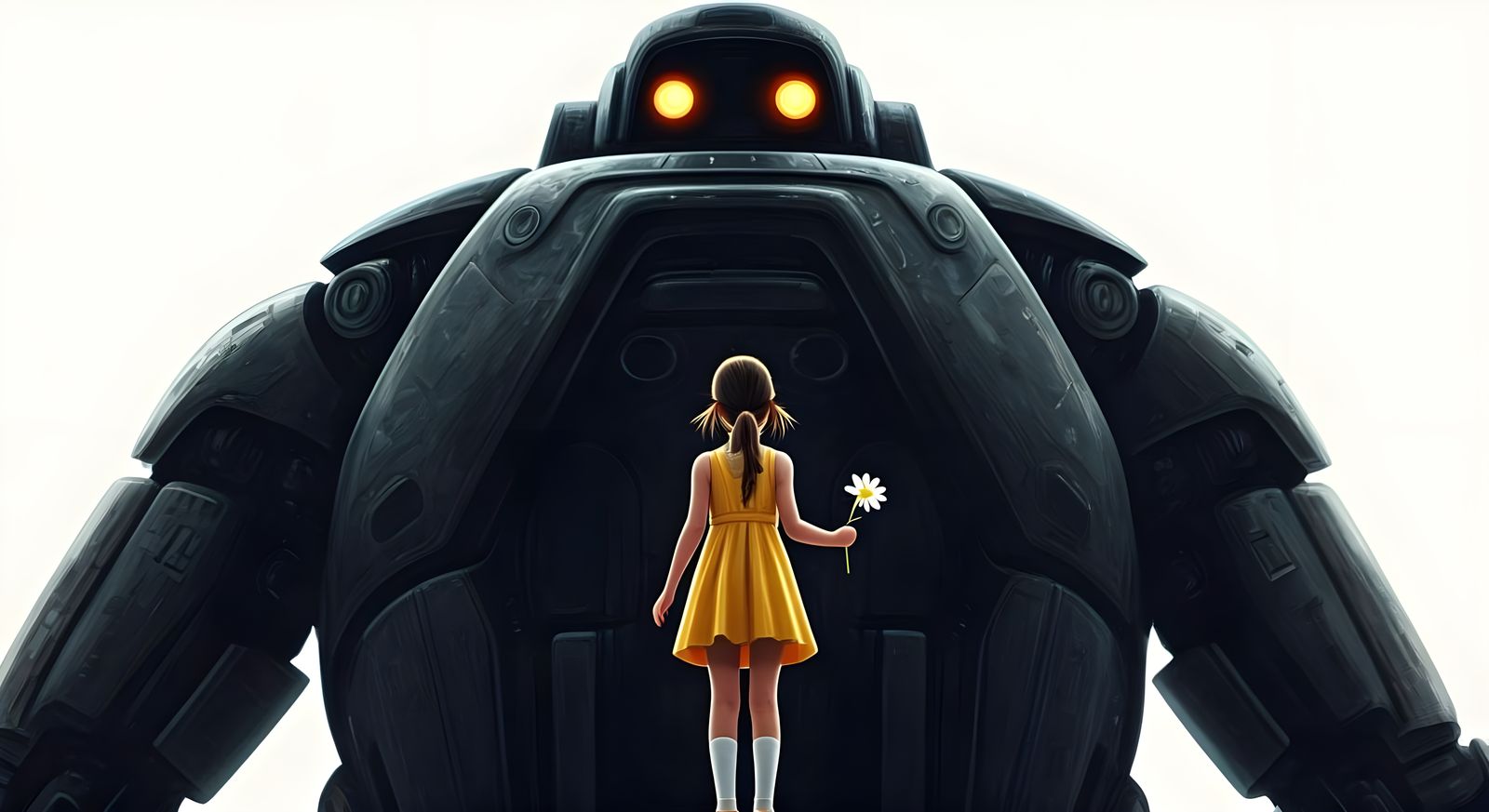 Mysterious Girl Faces Giant Robot in Dark Fantasy Landscape