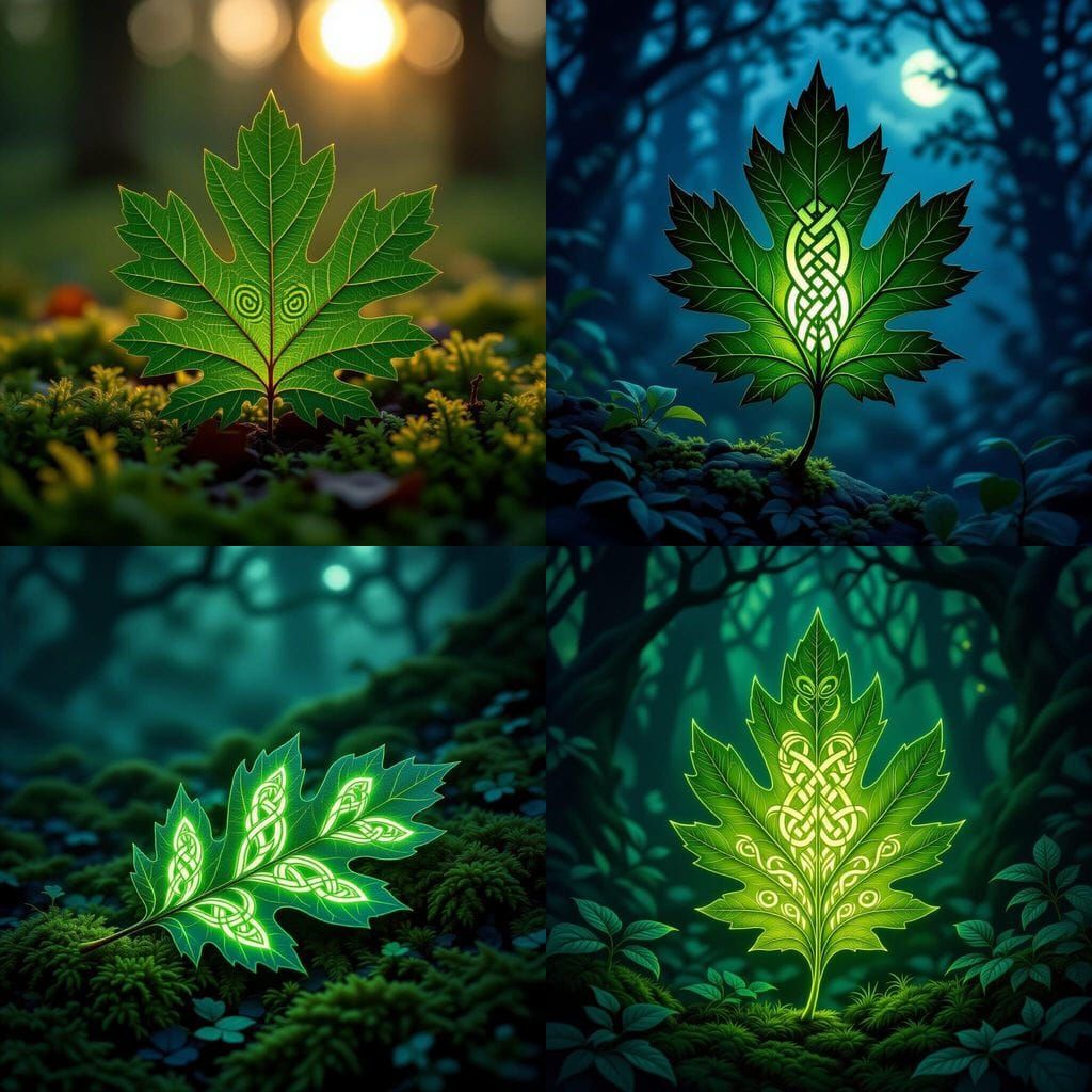 Glowing Green Oak Leaf with Intricate Celtic Knots