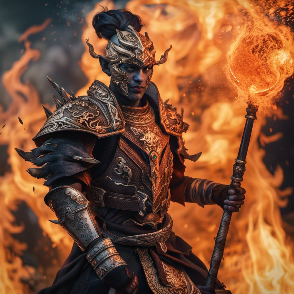 Fiery Samurai Genasi in Smoking Ruins: Digital Art