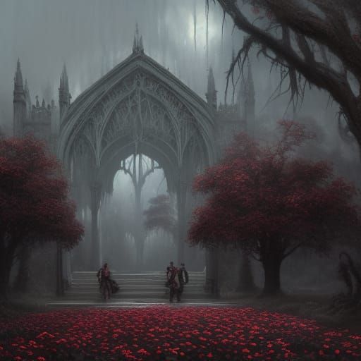 Gothic Dark Academia Meadow with Crimson Roses