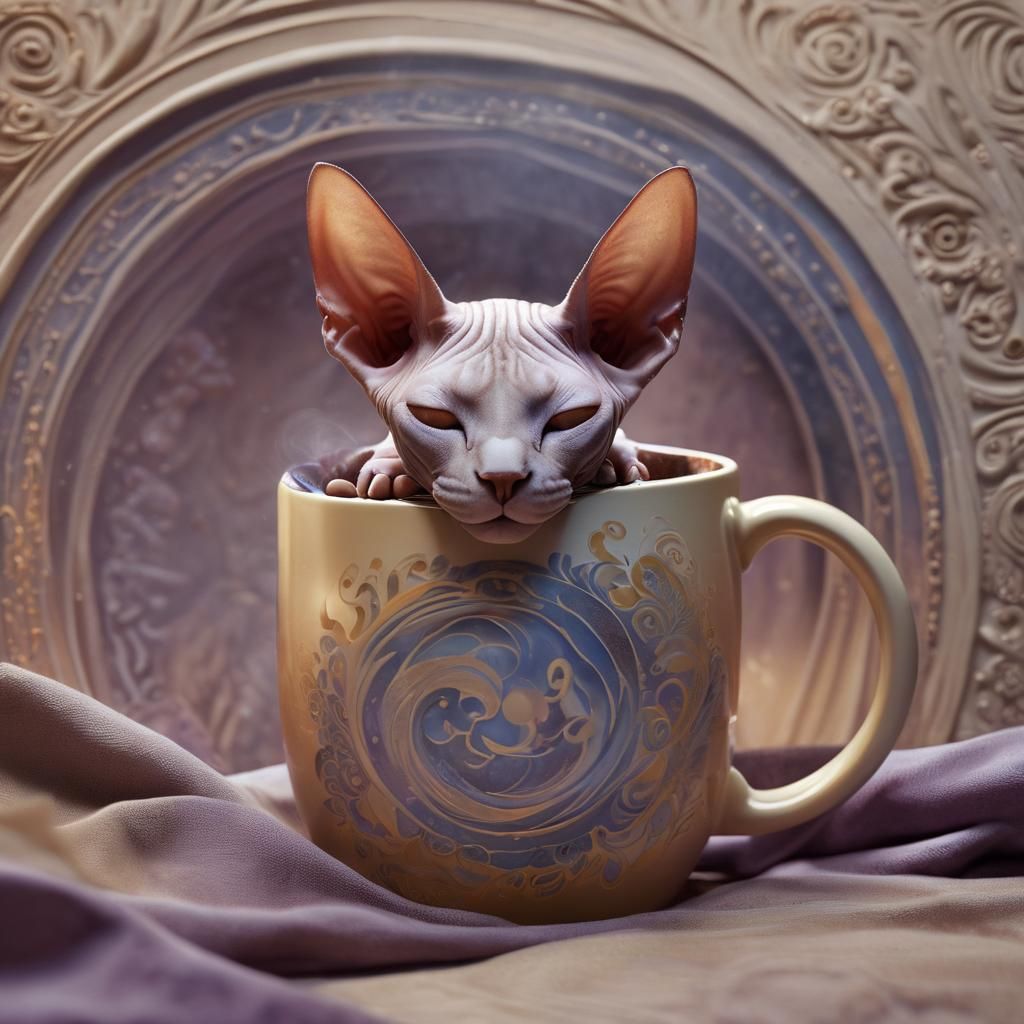 Sleeping Sphynx Cat in Coffee Mug, Digital Art