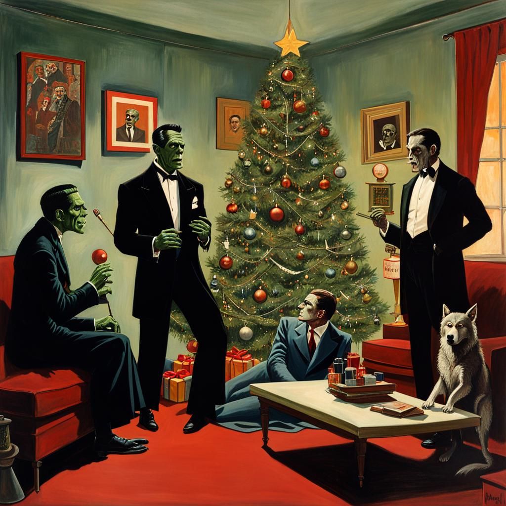 Monsters Sing Christmas Carols in Rockwell Style