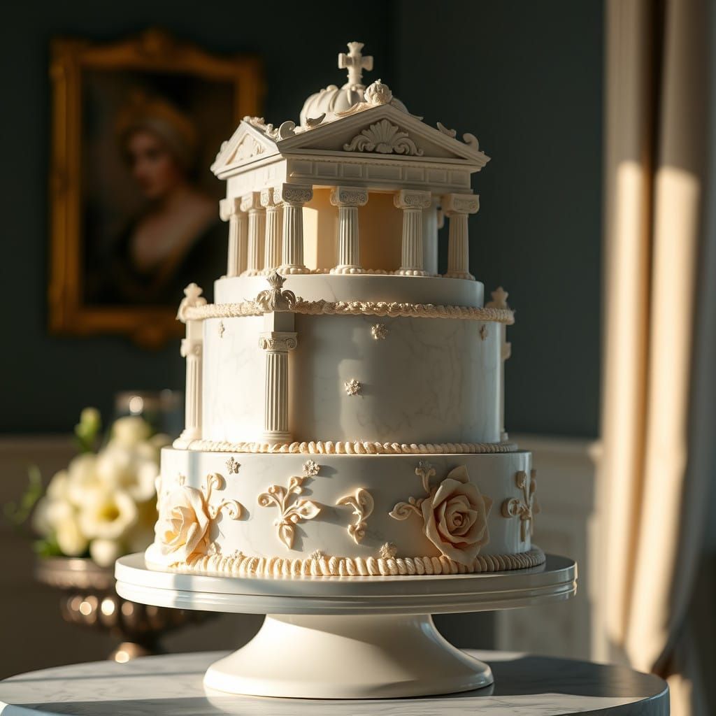 Ethereal White Marble Temple Cake with Delicate Florals