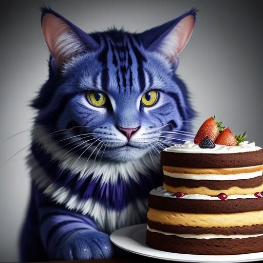 Hyperrealistic Cheshire Cat Attacks Cake Portrait