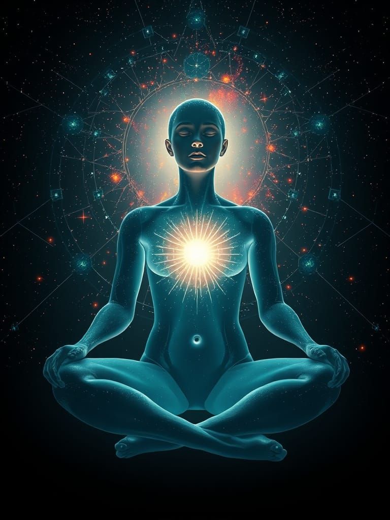 Ethereal Human Figure Meditating Amidst Cosmic Stars