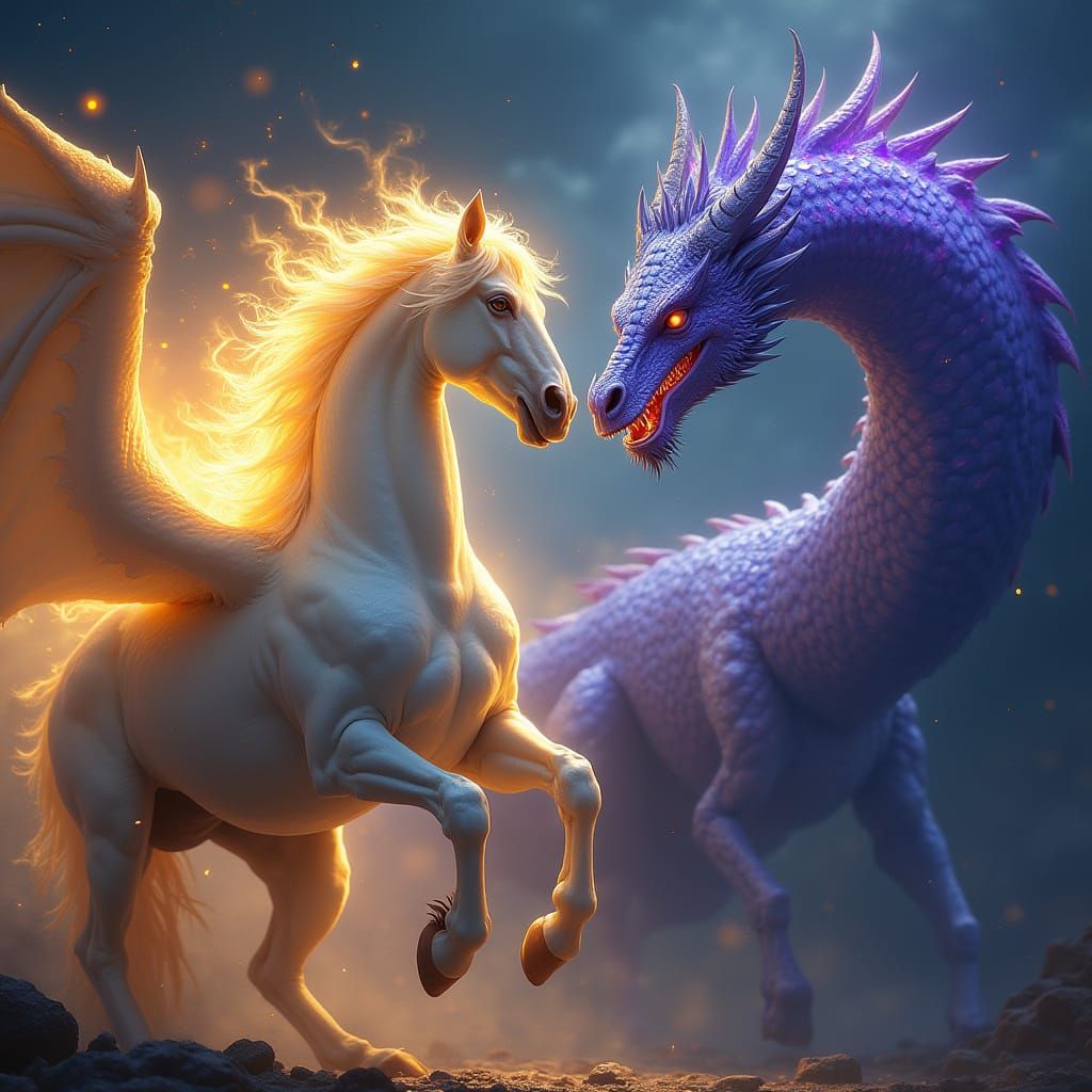 Majestic White Horse Battles Blue Dragon in Epic Digital Pai...