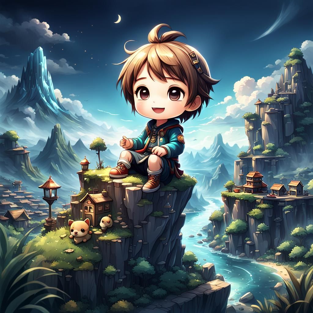 Detailed Chibi Character with Breathtaking Views