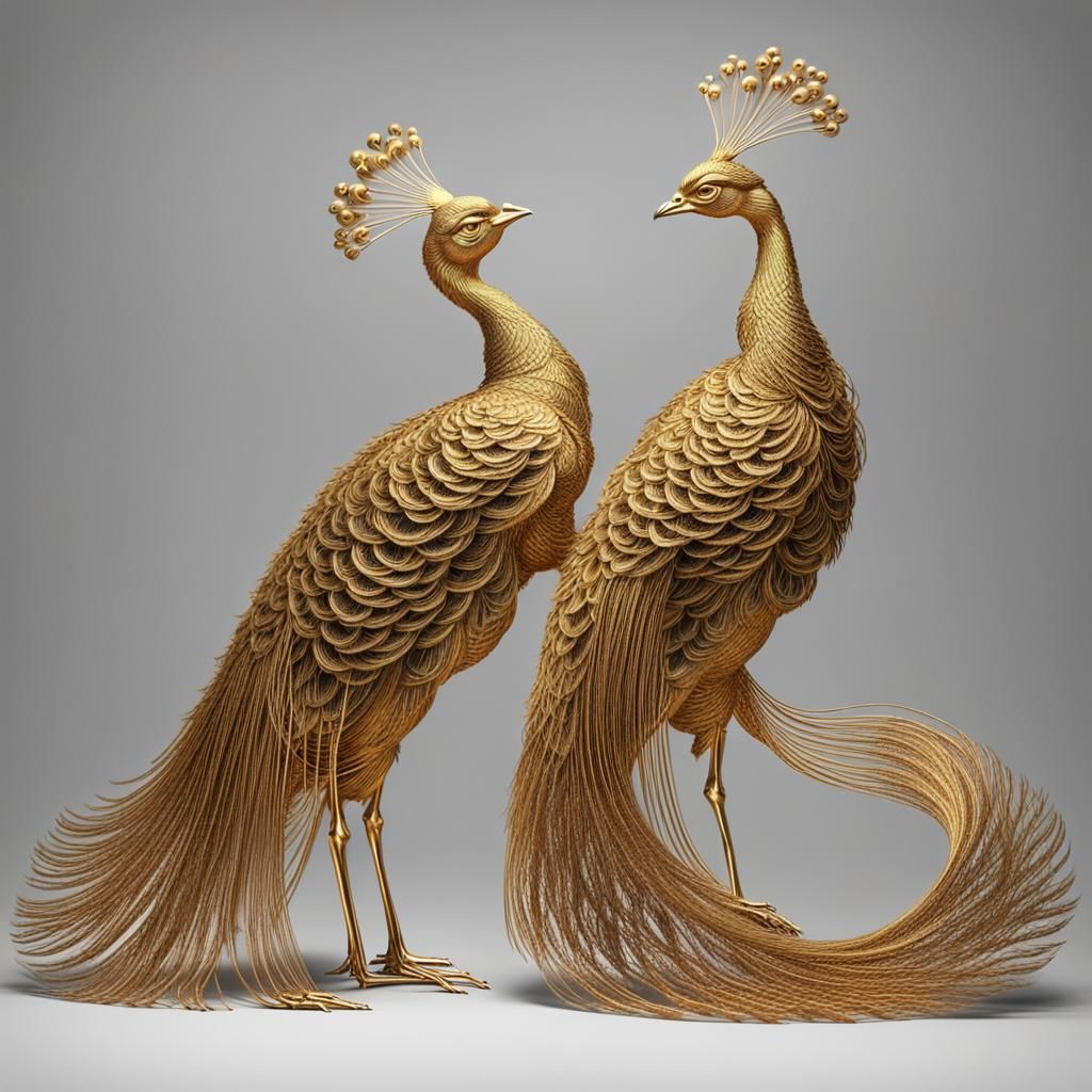 Golden Peacocks Dancing in Wireframe String Art Style