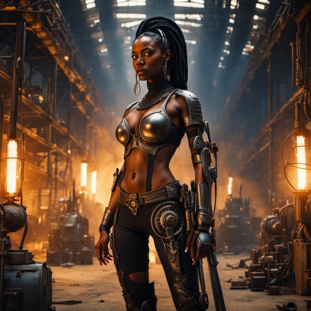 Nubian Goddess in Biomechanical Solarpunk Warehouse