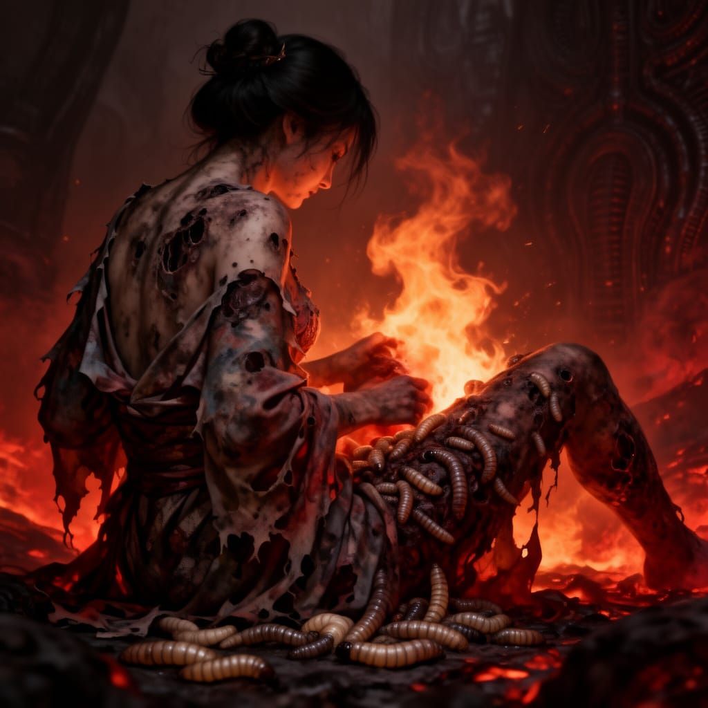 Death Goddess Izanami Giving Birth to Fire in Dark Fantasy A...
