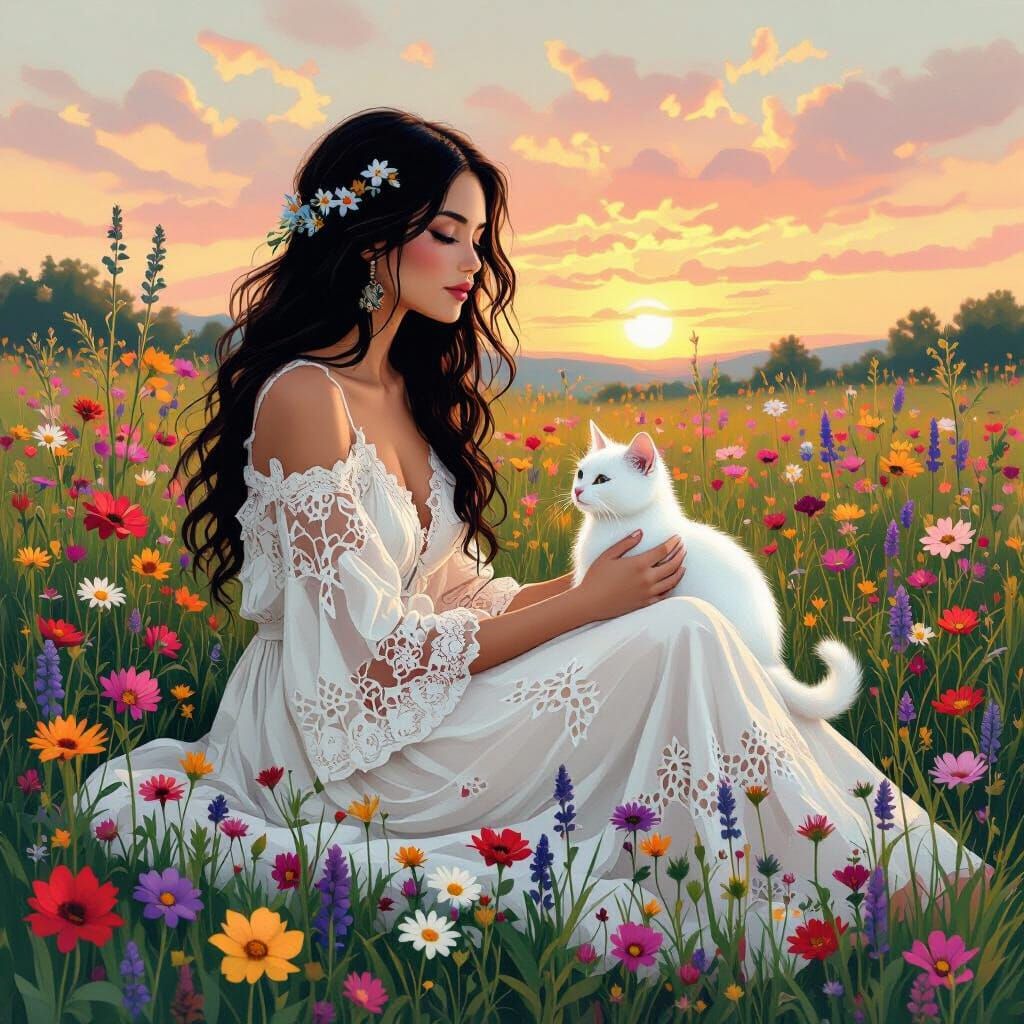 boho woman sitting with her cat