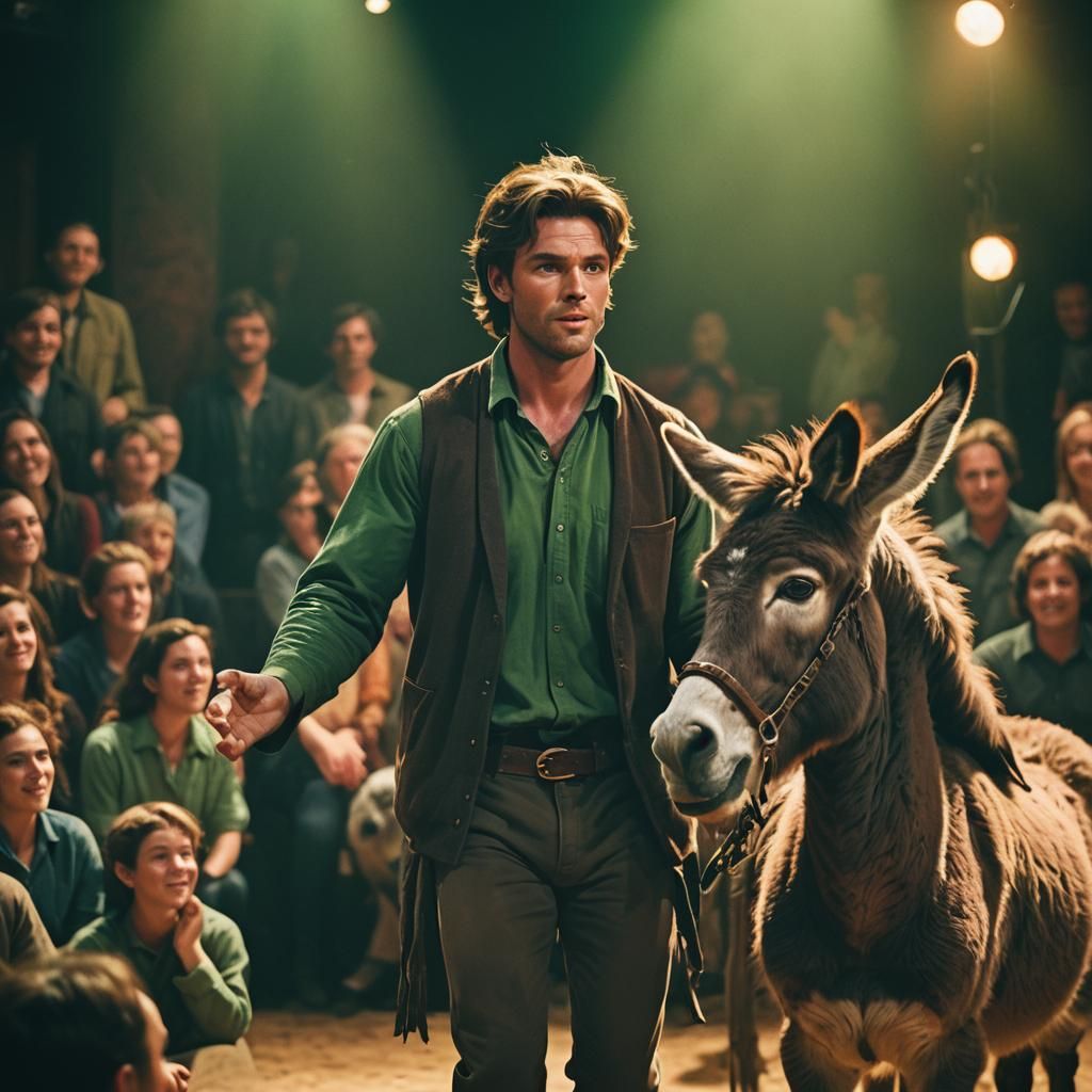 Actor and Donkey on Stage in Cinematic Style