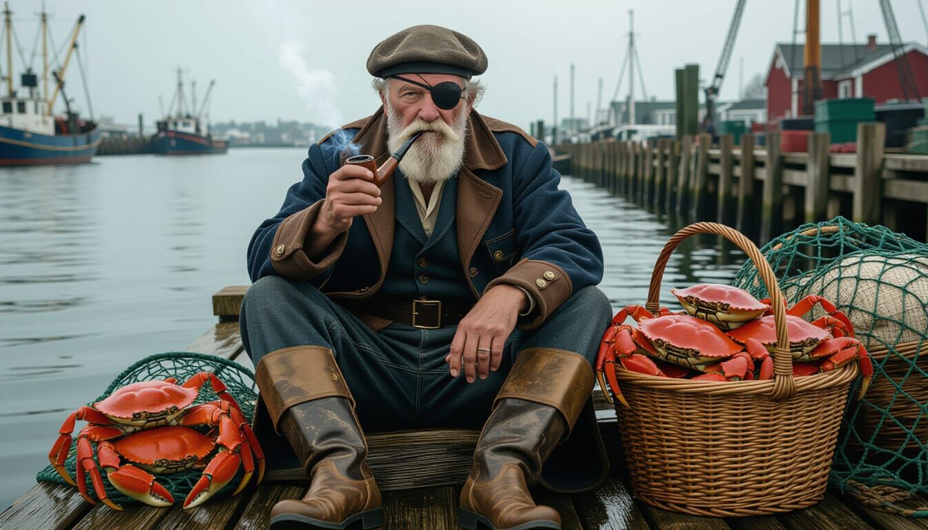 Grizzled Sailor with Pipe on Weathered Dock