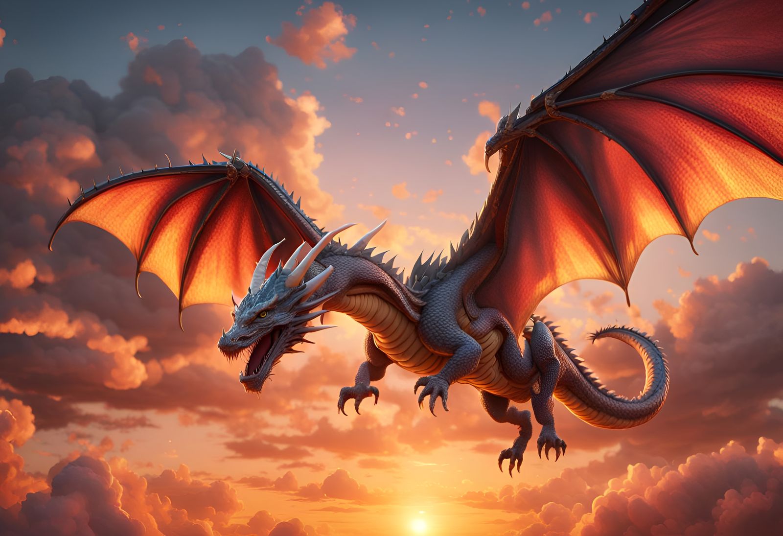 Dragon's Sunset Flight: Hyperrealistic Concept Art