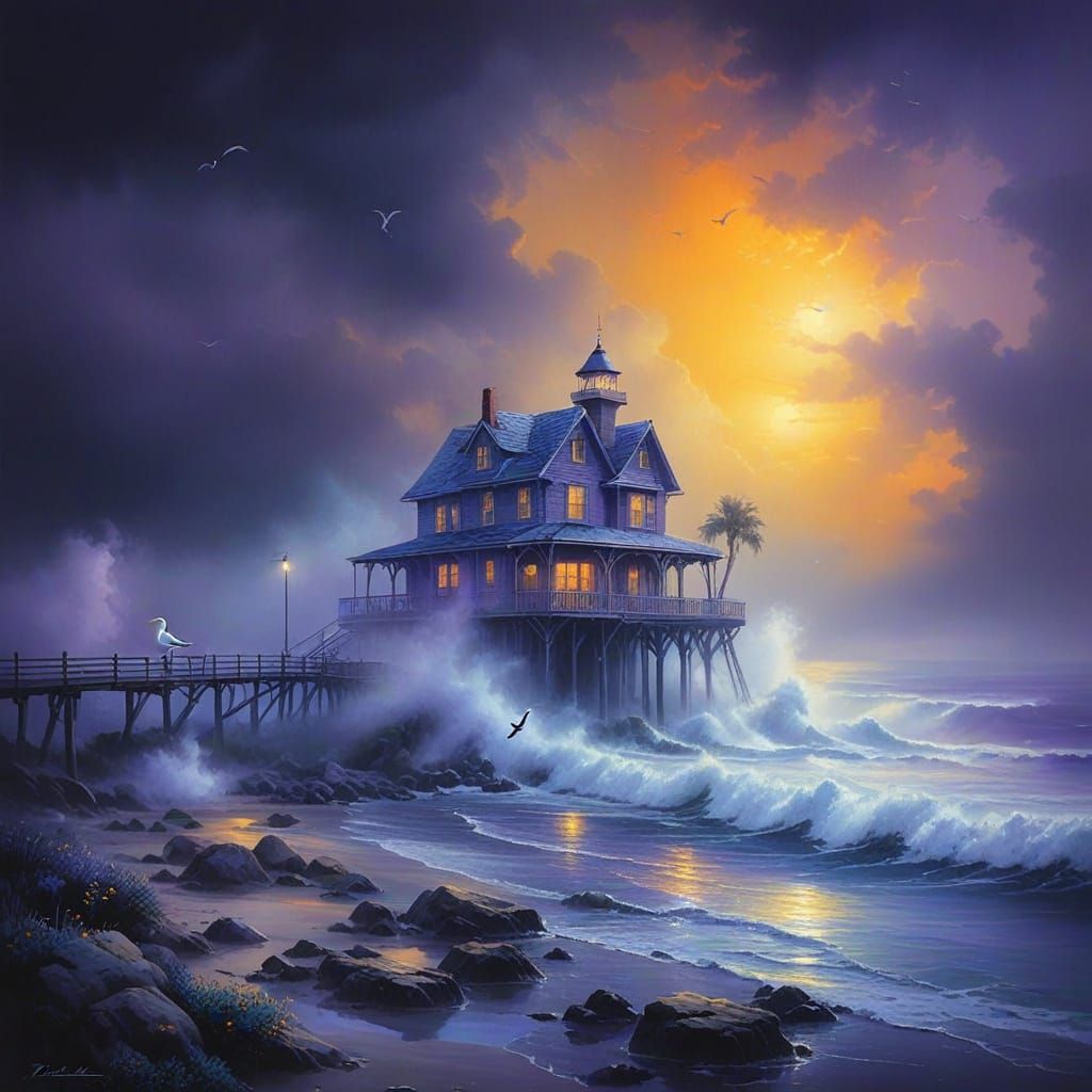 Mystical Beach House Scene in Dreamy Watercolor Style