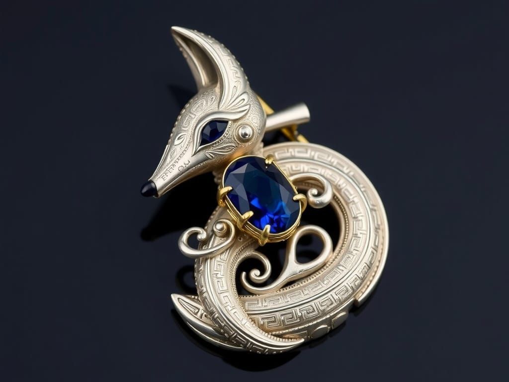 Ornate Fox-Shaped Brooch in Sterling Silver with 24K Gold Ac...