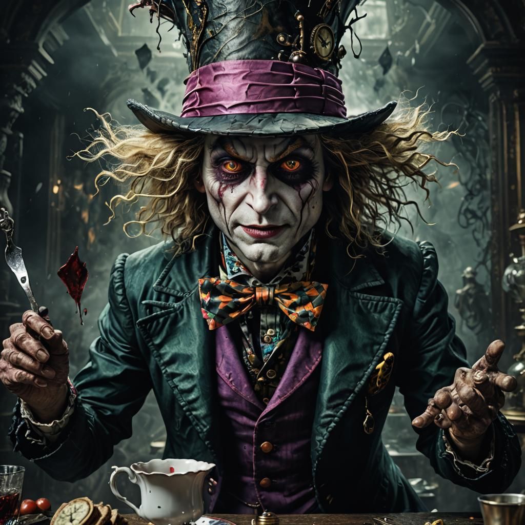 Menacing Mad Hatter Horror in Hyperrealistic Style