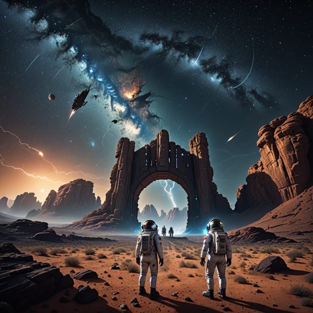 Astronauts Encounter a Mysterious Alien on a Rocky Desert Pl...