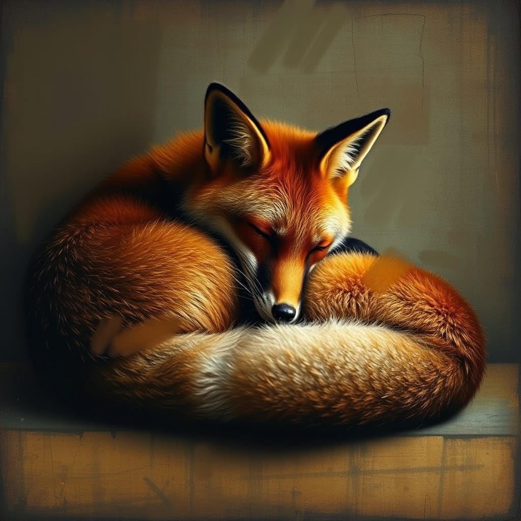 Red Fox Asleep in Surreal Mixed Media Still Life