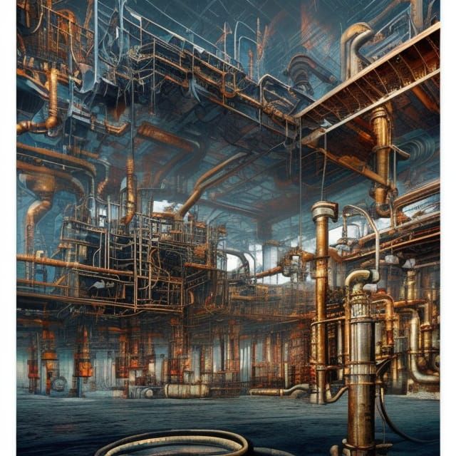 Dystopian Architecture with Petroleum Piping, Detailed Photo...