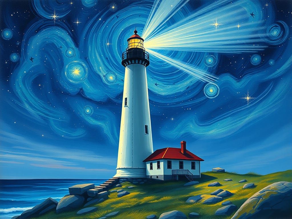 Maine Lighthouse in Van Gogh Starry Night Style