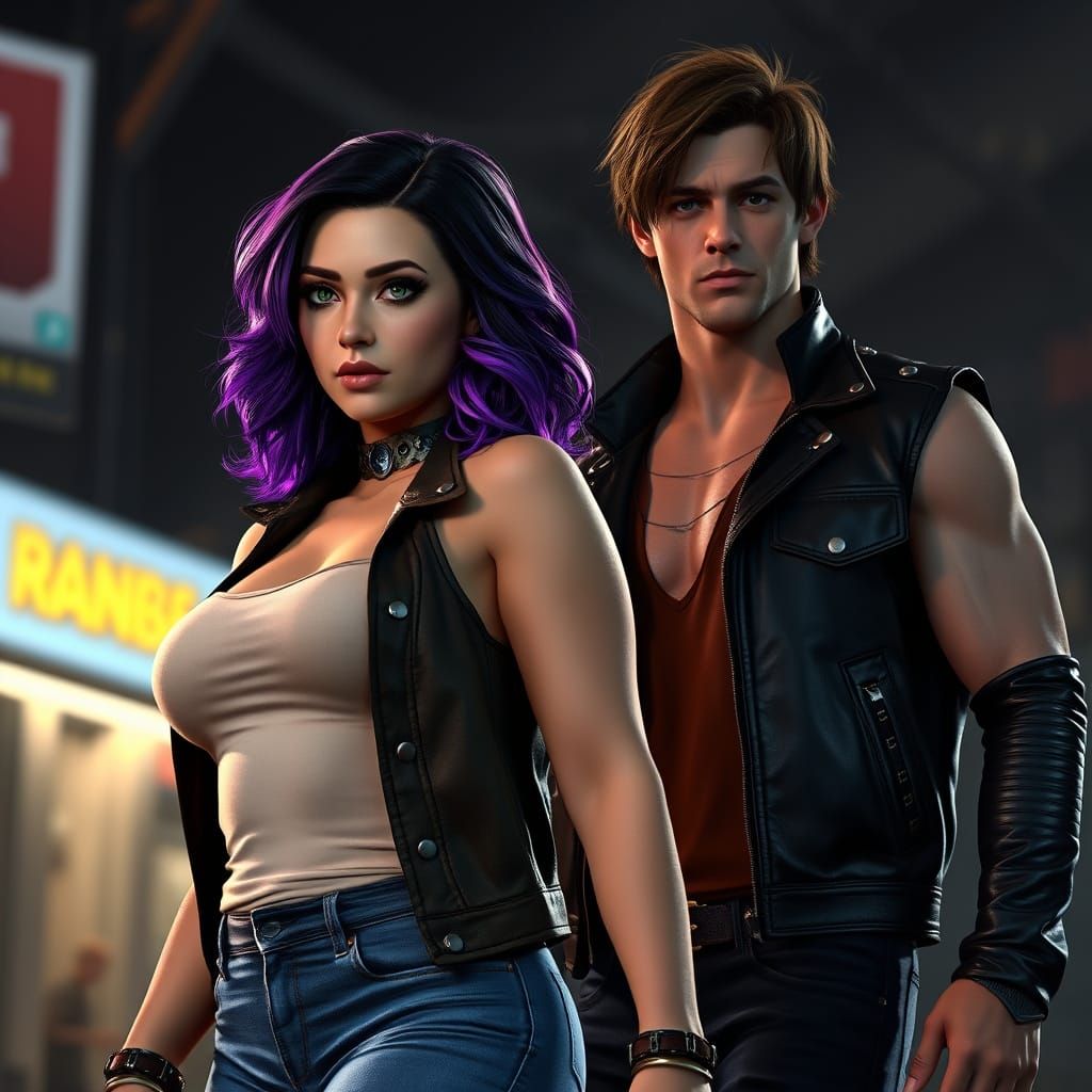 Glowing Curvy Woman with Chiseled Man in Dark Fantasy Settin...