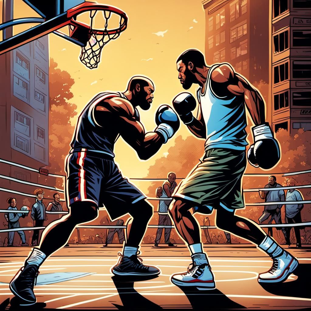 Street Boxing on Basketball Court in Comic Book Art