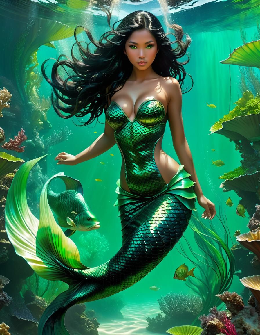 Caribbean-Asian Mermaid in Hyperdetailed Underwater Land