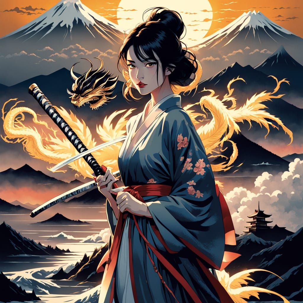 Elegant Woman with Katana in Kurosawa Film Noir Style