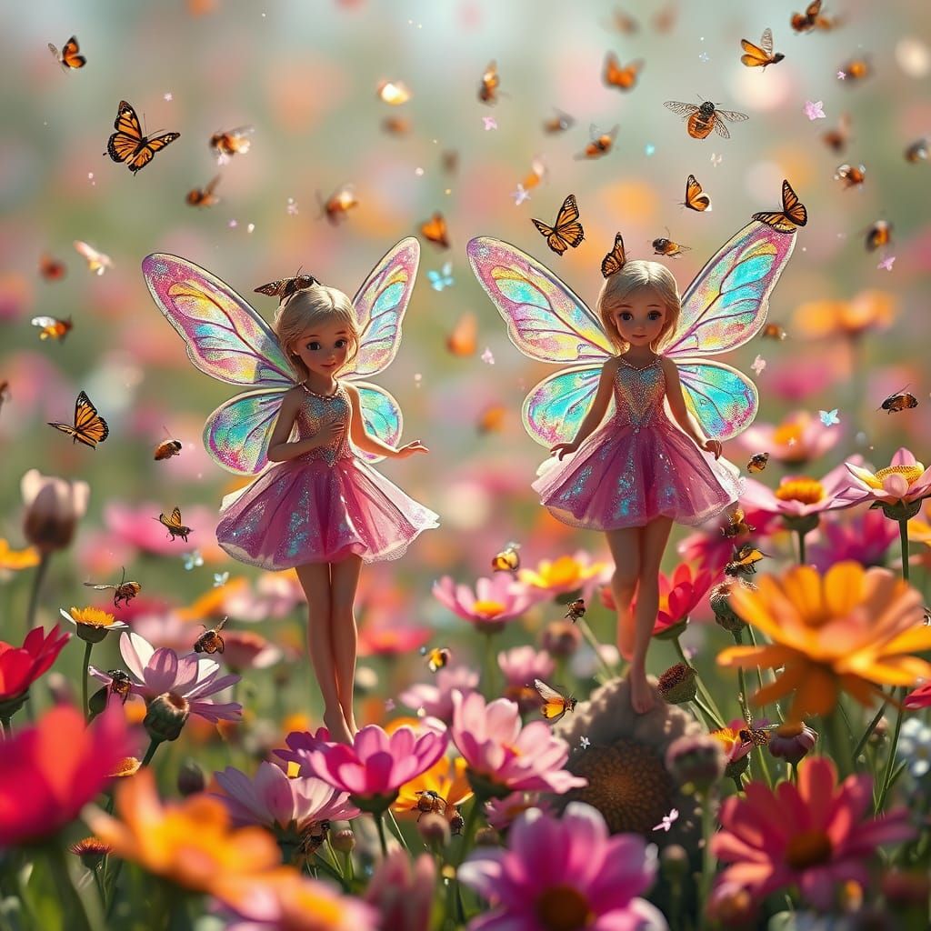 Iridescent Fairies in a Sun-Drenched Flower Field