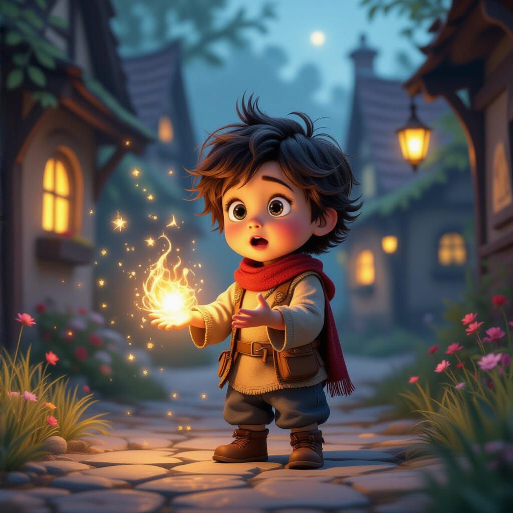 Child Discovers Magic in Fantasy Village with Glowing Hands