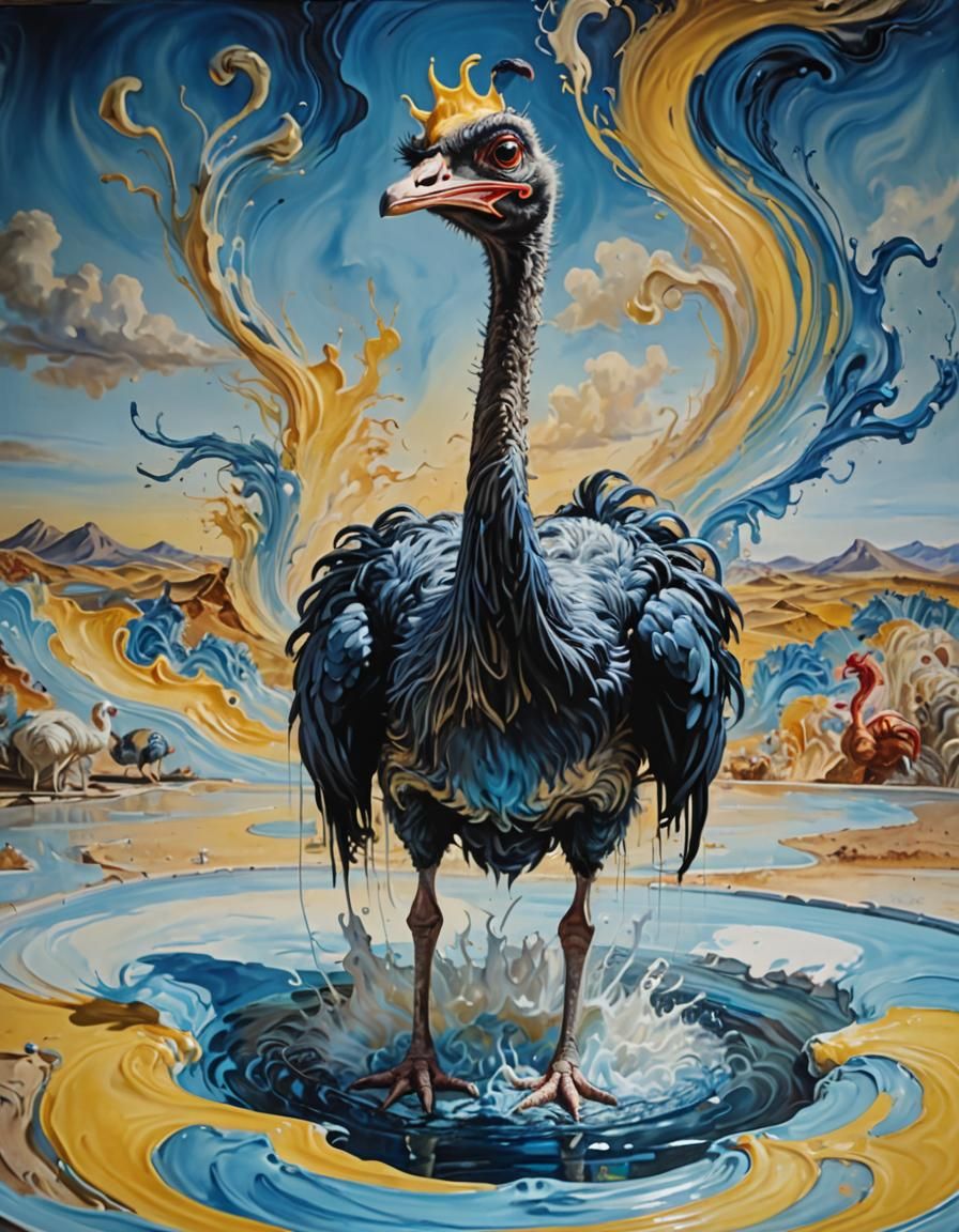 Surreal Ostrich in Dreamlike Whirlpool, Oil Painting