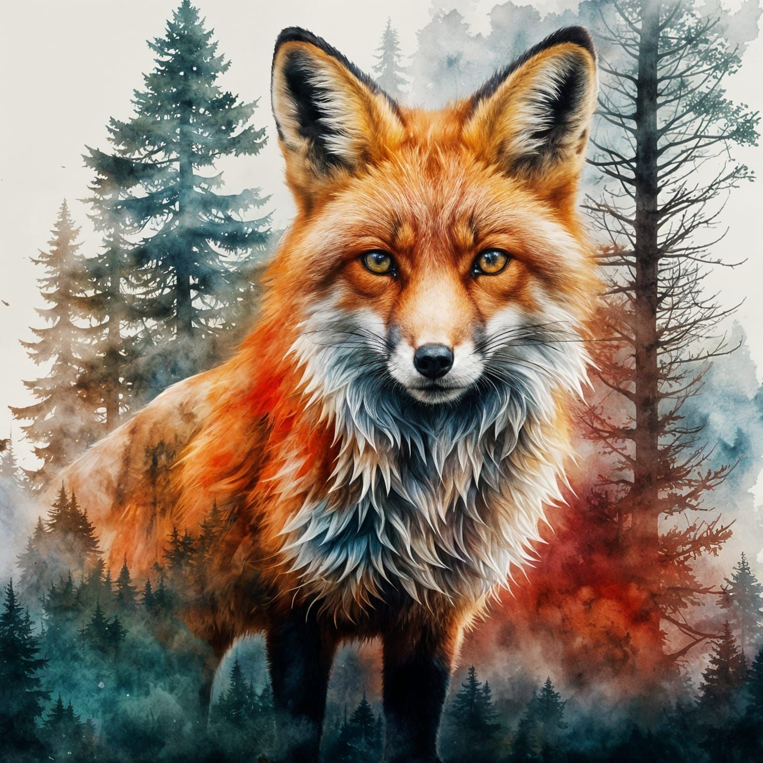 Red Fox Double Exposure in Watercolor Style