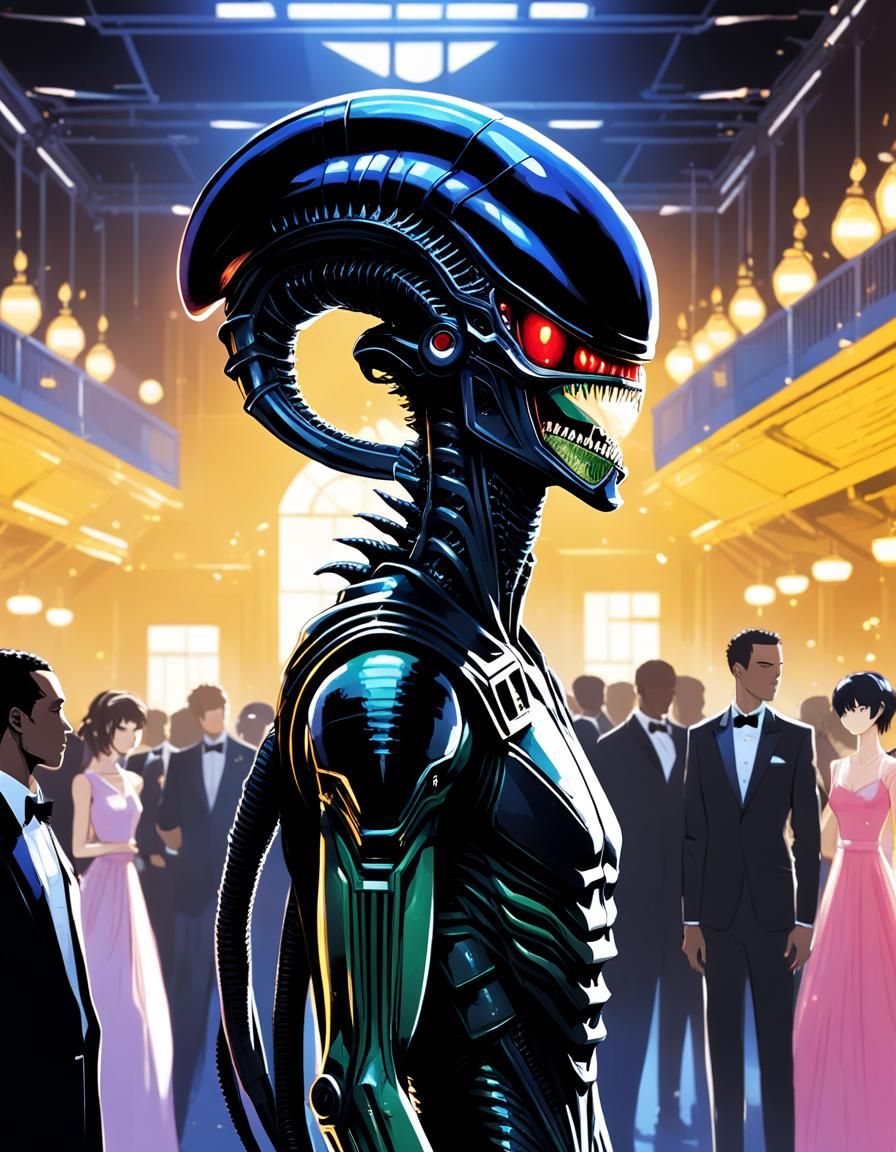 Xenomorph at High School Prom in Anime Style