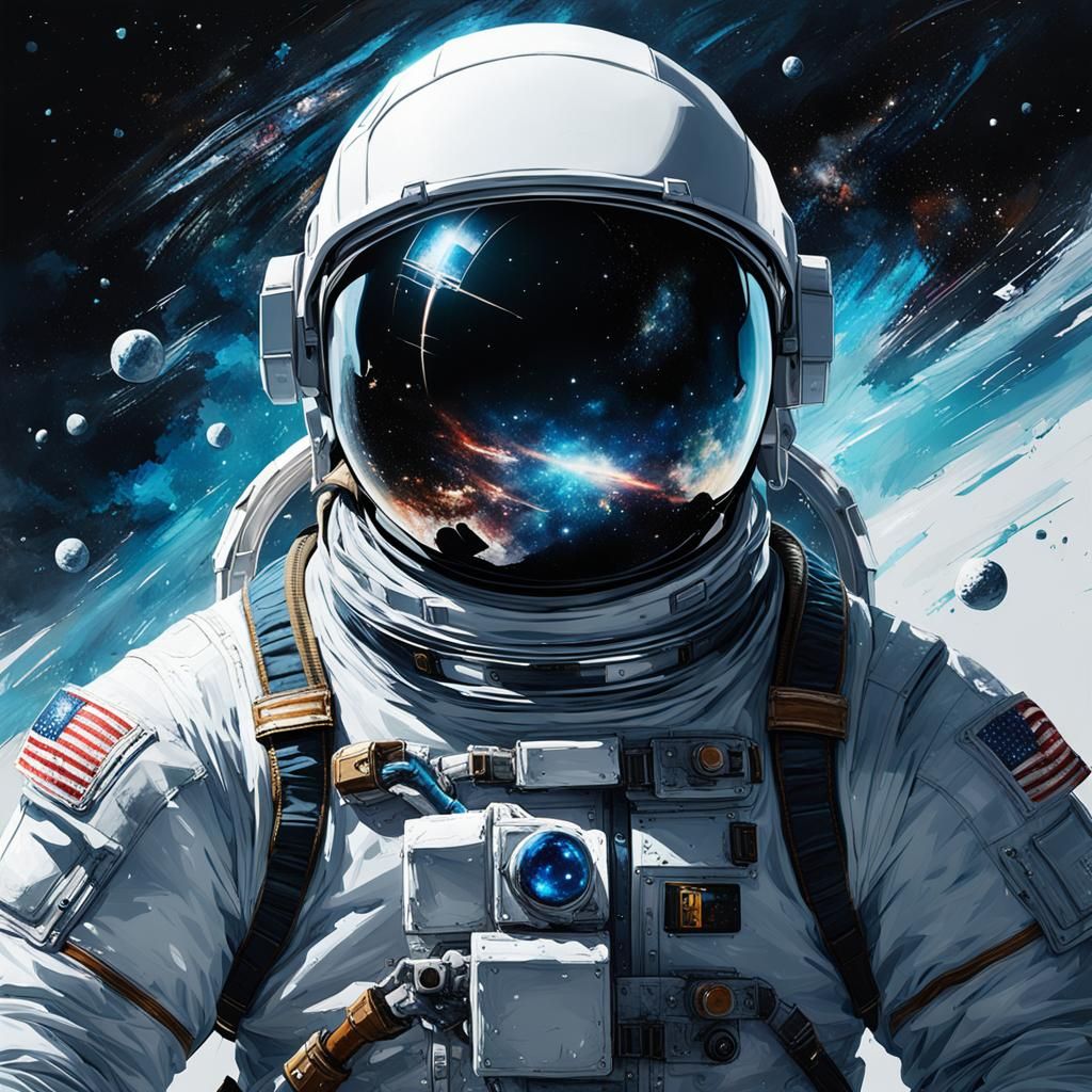 Astronaut Helmet Reflecting Galaxy, Digital Art