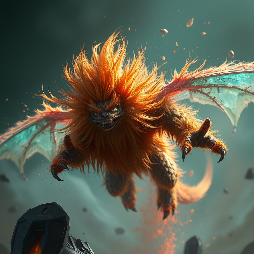 Mystical Fuzzy Monster Soars Through Vibrant Skies
